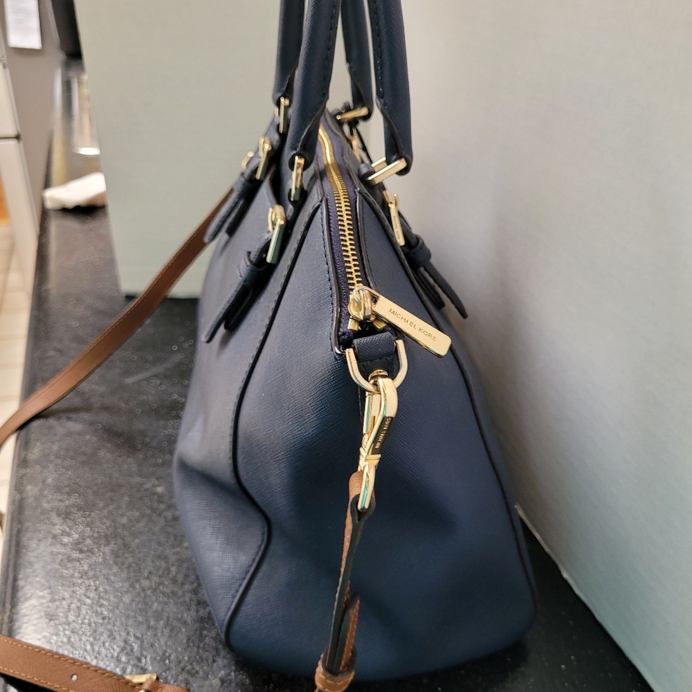 Michael Kors Navy Blue Ciara Satchel Bag With Brown Crossbody Strap - Picture 9 of 15